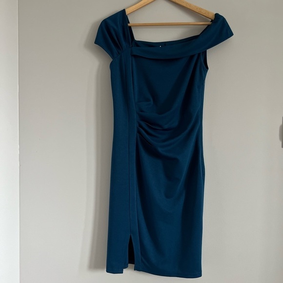 NWT Belle Pogue Women’s Turquoise Off the Shoulder Dress with Pleated Wa… - Picture 2 of 5